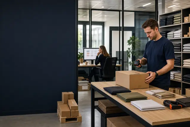 Employee scans a parcel at a packing table.
