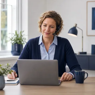 Adviseur met een headset bij een laptop.