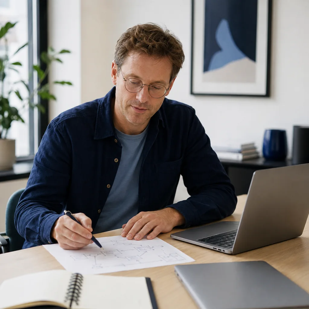 Adviseur bekijkt een processchets naast een open laptop.