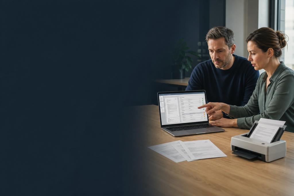 Illustratieve document- en ICT-specialisten die PDF-bronvelden voor een JSON-contract controleren