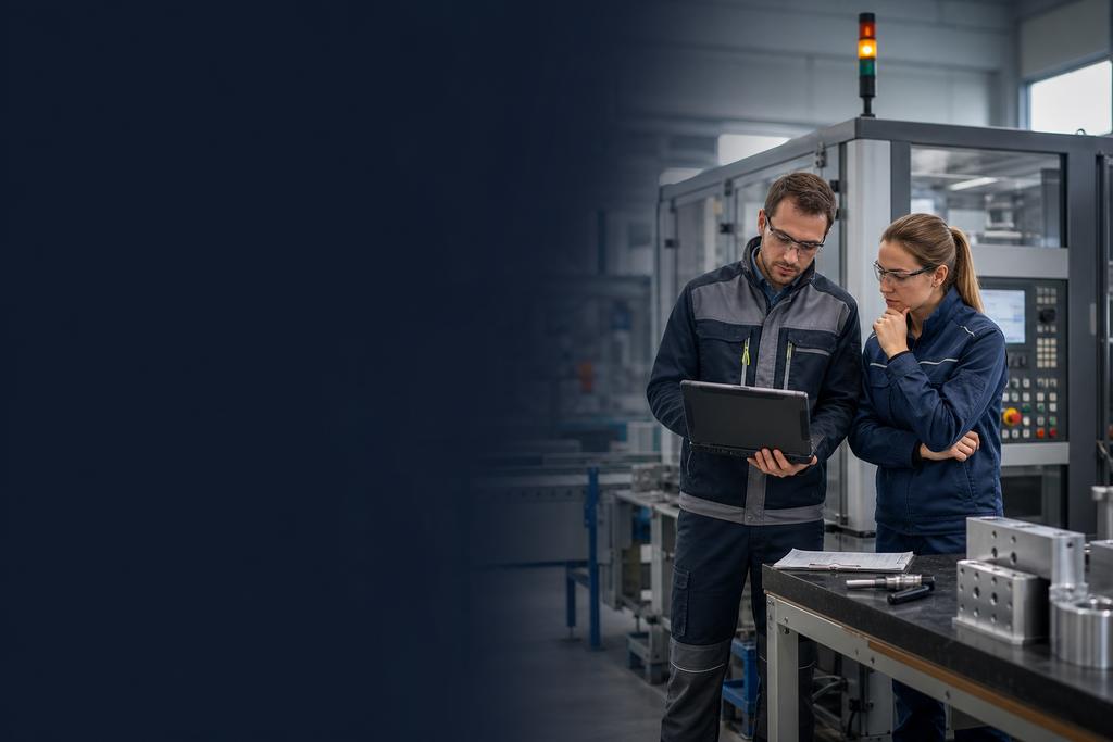 Illustratieve productie- en ICT-specialisten die AI invoice processing tussen order, ontvangst en Quality controleren