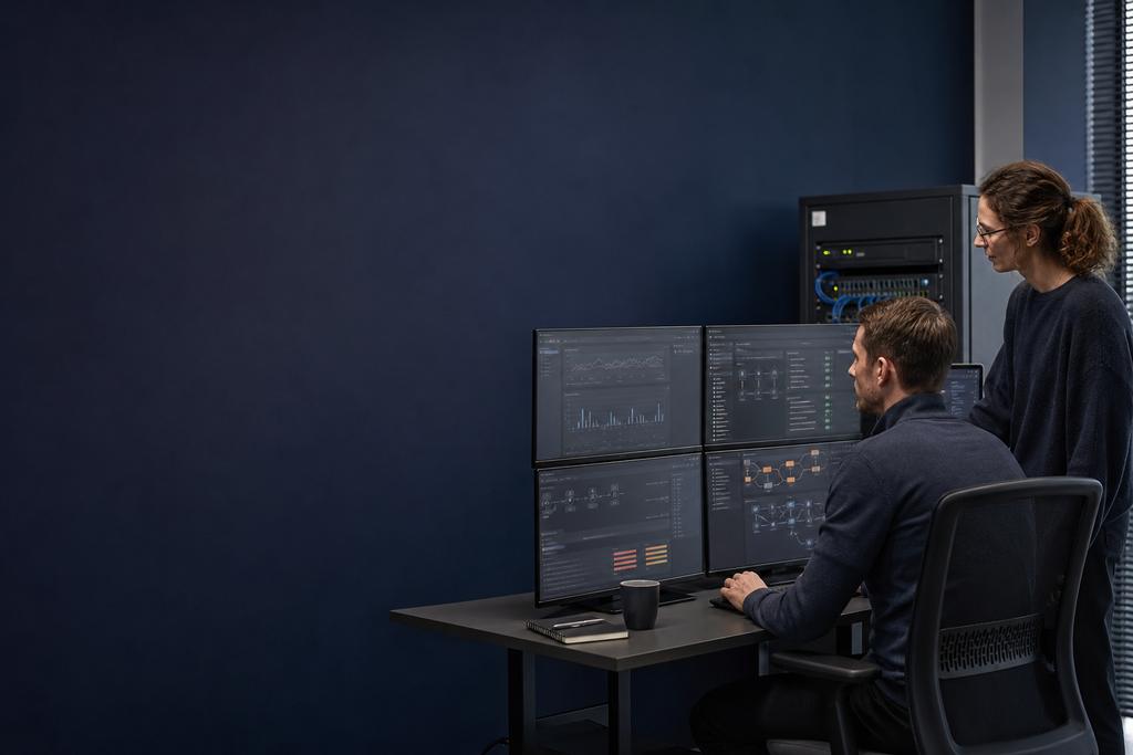 Illustratieve Azure- en securityspecialisten die Azure Policy, scopes, uitzonderingen, beleidsresultaten en een veilige proef controleren