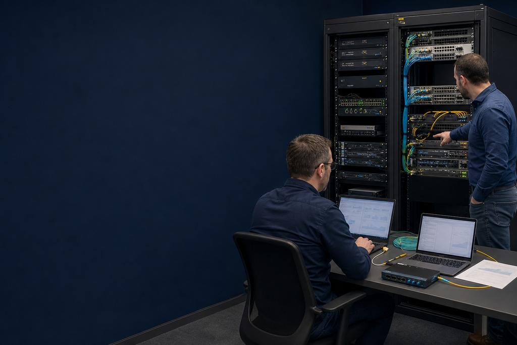 Illustratieve Cisco-netwerkspecialisten die Catalyst-interfaces, routering, QoS-wachtrijen, WiFi, capaciteit, monitoring en een applicatietaak onderzoeken