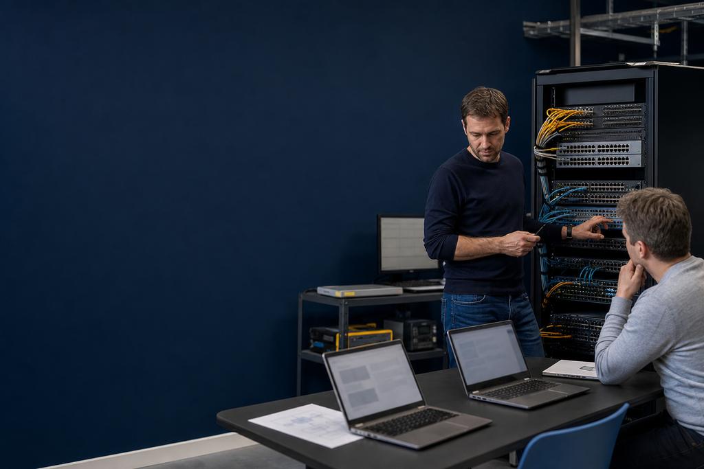 Illustratieve Cisco-netwerkengineers die legacy switches en routers, IOS-versies, supportstatus, configuratiearchieven, oude routes en gefaseerde vervanging beheren