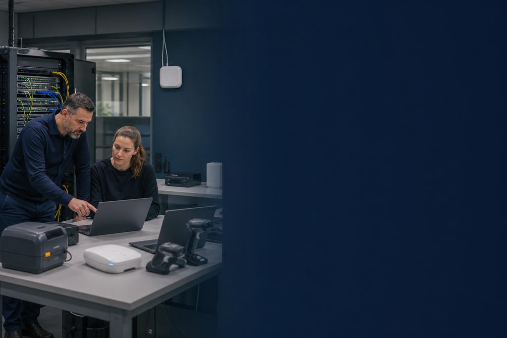 Illustratieve Cisco-netwerkengineer en werkplekspecialist die Catalyst-switching, zakelijke WiFi, laptops, scanners, labelprinters en een bedrijfsapplicatie testen