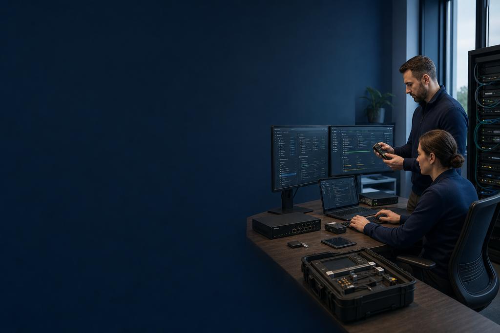 Illustratieve cloudsecurity- en platformengineers die cloudresources, rollen, netwerkpaden, beveiligingsbeleid, logging en herstel controleren