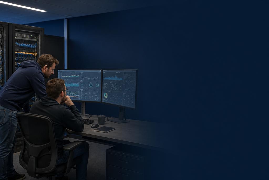 Illustratieve cloudengineers die accounts, netwerk, workloads, logging, beveiligingsmeldingen, back-up en herstel binnen cloud hosting controleren