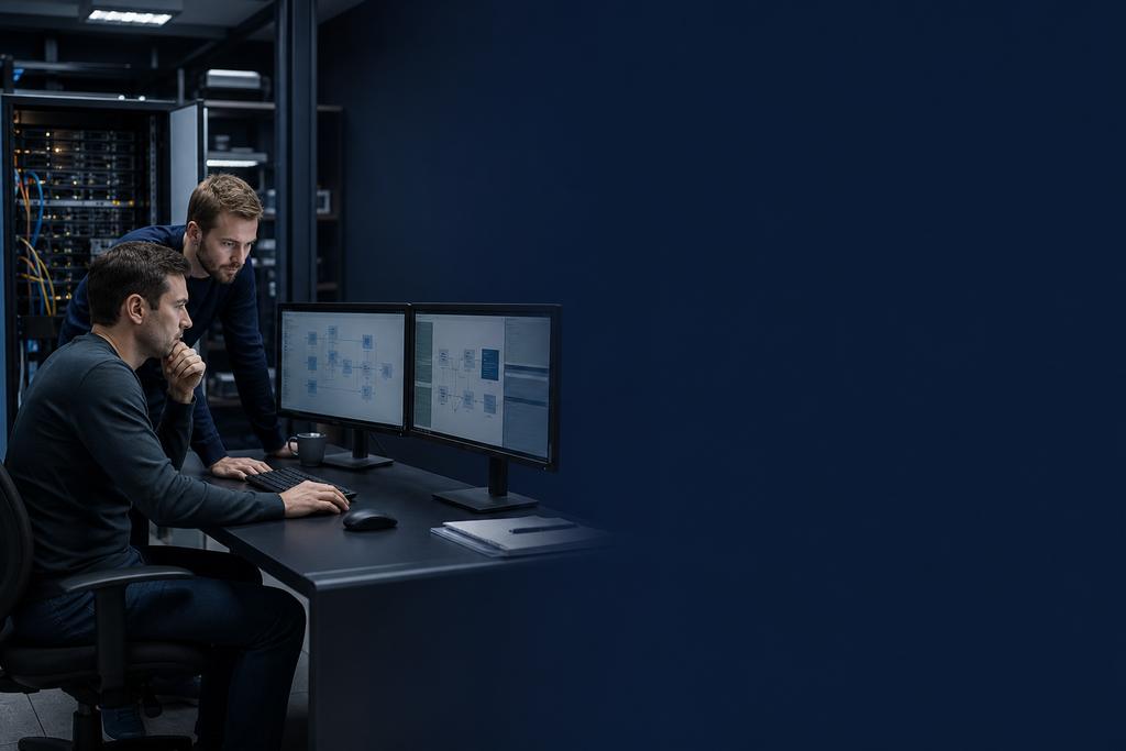Illustratieve cloudengineers die centrale infrastructuurmodules, lokale netwerkuitbreidingen, DNS, logging, back-up, uitzonderingen en vestigingstests beheren