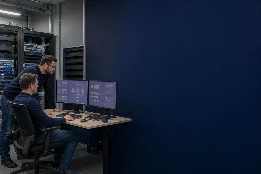 Illustratieve cloudengineers die versieerbare infrastructuurmodules, identity, netwerk, platform, schone uitrol, afwijkingen en overdracht controleren