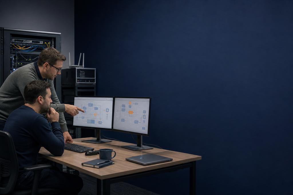Illustratieve cloudmigratieadviseur en service-eigenaar die publieke, private en hybride doelplatforms, data, beheer, kosten, herstel, support en exit vergelijken