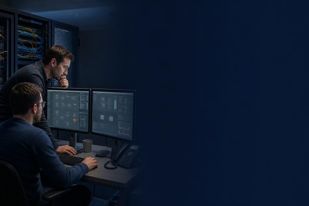 Illustratieve Azure-engineers die serverreplicatie, testnetwerk, voortgang en terugweg tijdens een Azure-migratie bewaken