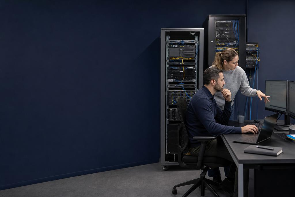Illustratieve Azure-migratiespecialist en systeemeigenaar die met Azure Migrate bronservers, afhankelijkheden, geschiktheid en het Azure-doel beoordelen