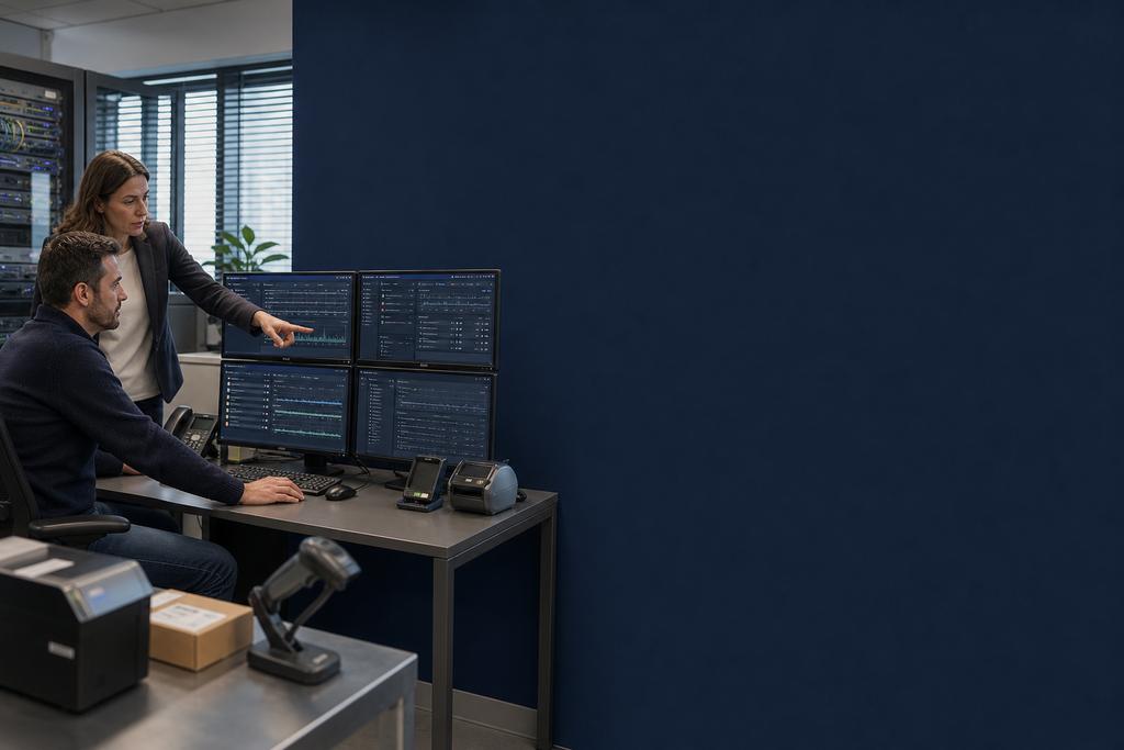 Illustratieve cloudmonitoringengineer en applicatie-eigenaar die een bedrijfsapplicatie, server, monitoringschermen, scanner, labelprinter en herstel bewaken