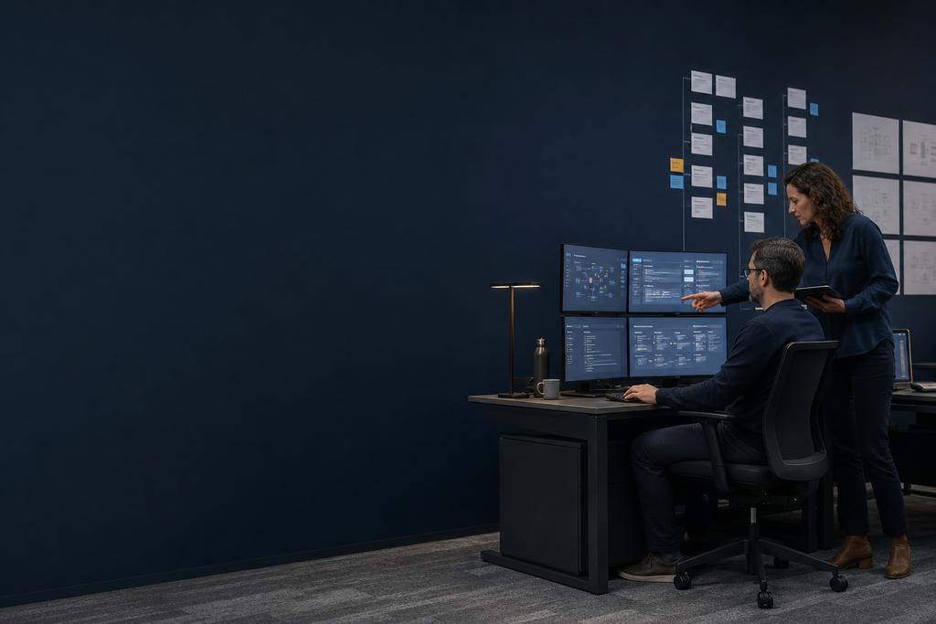 Illustratieve cloudmonitoringengineer en service-eigenaar die gebruikersroutes, logs, metingen, meldingen, opvolging en herstel voor cloud monitoring beoordelen