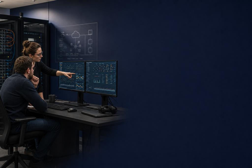 Illustratieve cloudmonitoringengineers die API’s, berichten, certificaten, wachtrijen, leveranciersstatus en zakelijke bevestiging op één tijdlijn volgen