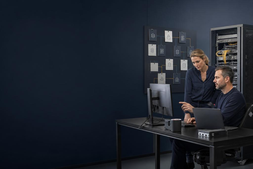 Illustratieve ICT-specialist en serviceverantwoordelijke die versies, ondersteuning en onderhoudsplanning bespreken
