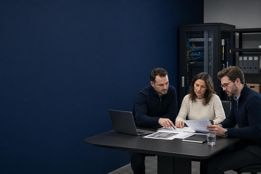 Illustratieve ICT-specialist en serviceverantwoordelijken die technische controles en praktisch gebruik na onderhoud beoordelen
