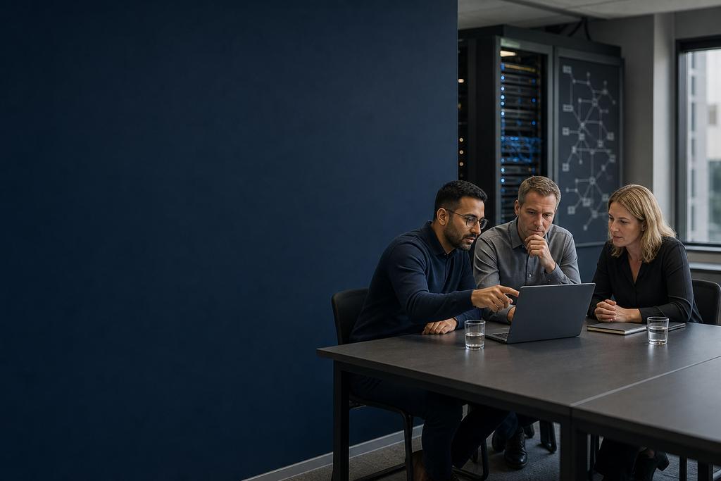 Illustratieve cloudengineer en servicemedewerker die een mobiele werkbon, toestel, synchronisatie en centrale bevestiging testen