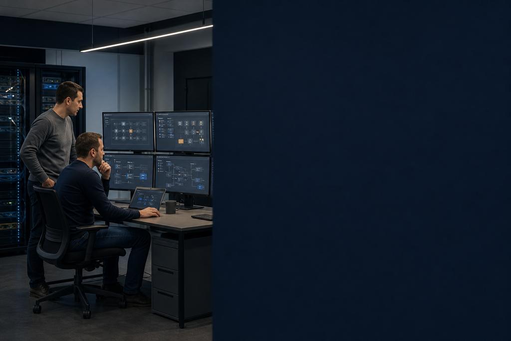 Illustratieve cloudengineers die accountstructuur, identity, netwerk, policy, logging, cloudback-up, keys en infrastructure-as-code als platform bouwen