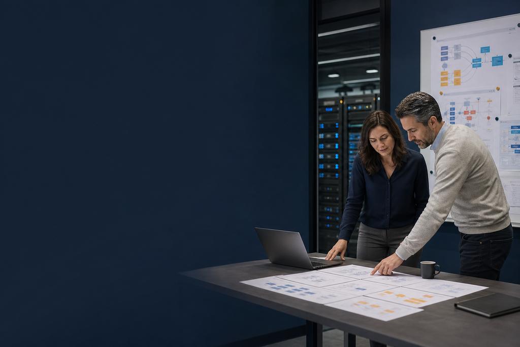 Illustratieve cloudarchitect en applicatie-eigenaar die gebruikersroute, softwarecomponenten, gegevensopslag en herstelroute beoordelen