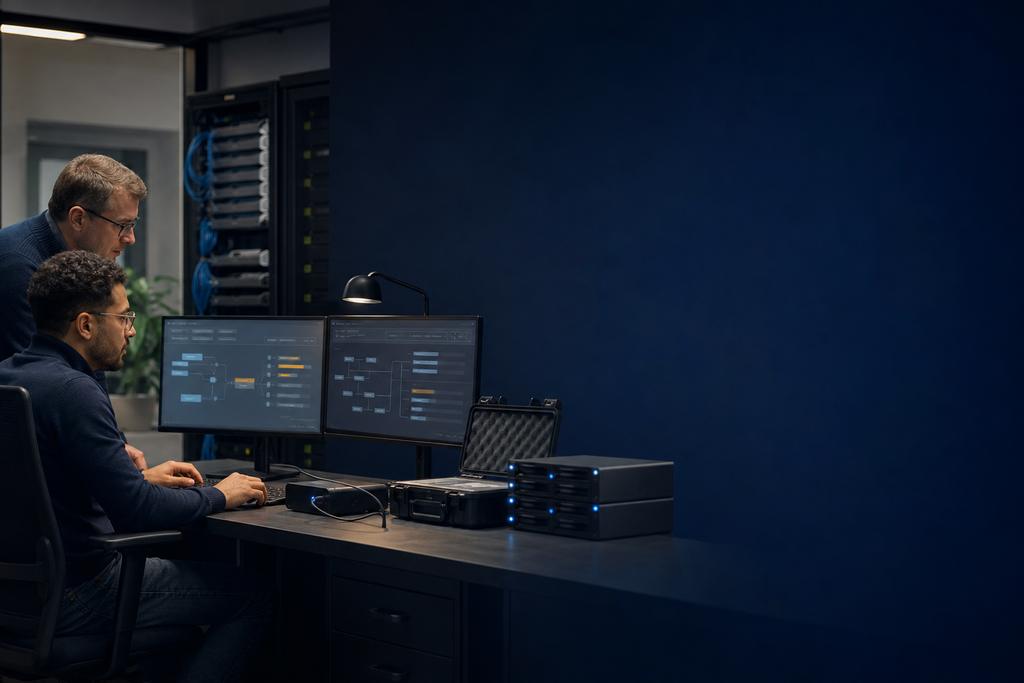 Illustratieve edge- en cloudengineers die providergebonden gateway, certificaat, datafeed, lokale buffer, nieuwe route, remote support en bronafsluiting testen