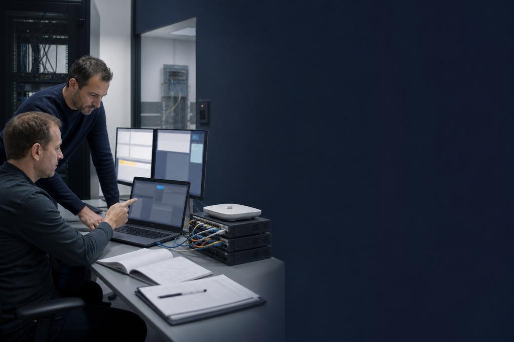 Illustratieve voorbereiding op storing: netwerkspecialist en medewerker die clientroute, firewall, WiFi, DNS, reserveverbinding, applicatietaak en terugschakeling testen