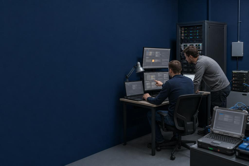 Illustratieve cloud- en netwerkengineers die edgegateway, lokale connector, certificaat, buffer en cloudrecord binnen een veilige testgrens controleren