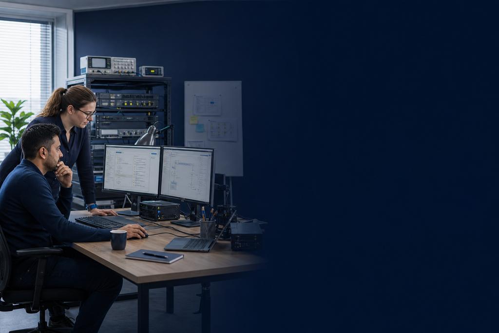Illustratieve Azure-, netwerk- en werkplekspecialisten die scanner, berichtenwachtrij, Azure-service, database, uitvoer en alerts controleren