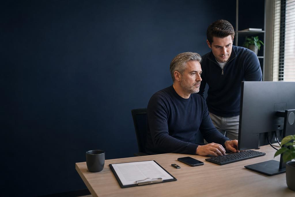 Illustratieve ICT-beheerder en technisch verantwoordelijke die kantoorcomputer, specialistisch station en netwerkgrens beoordelen