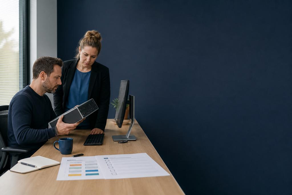 Illustratieve endpointengineer en securityspecialist die zakelijke desktopcomputer, beveiligingsinstellingen en gebruikerstest beoordelen