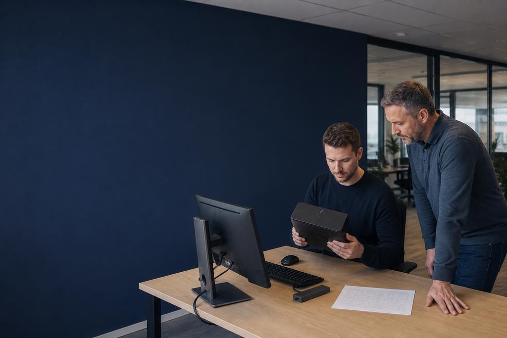 Illustratieve ICT-beheerder en bedrijfsverantwoordelijke die desktopcomputer, apparaatstatus en onderhoudsplanning beoordelen