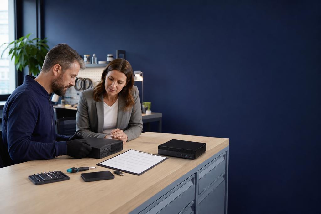 Illustratieve hardwaretechnicus en assetverantwoordelijke die desktopcomputer, reserveapparaat en reparatie- of vervangingskeuze beoordelen
