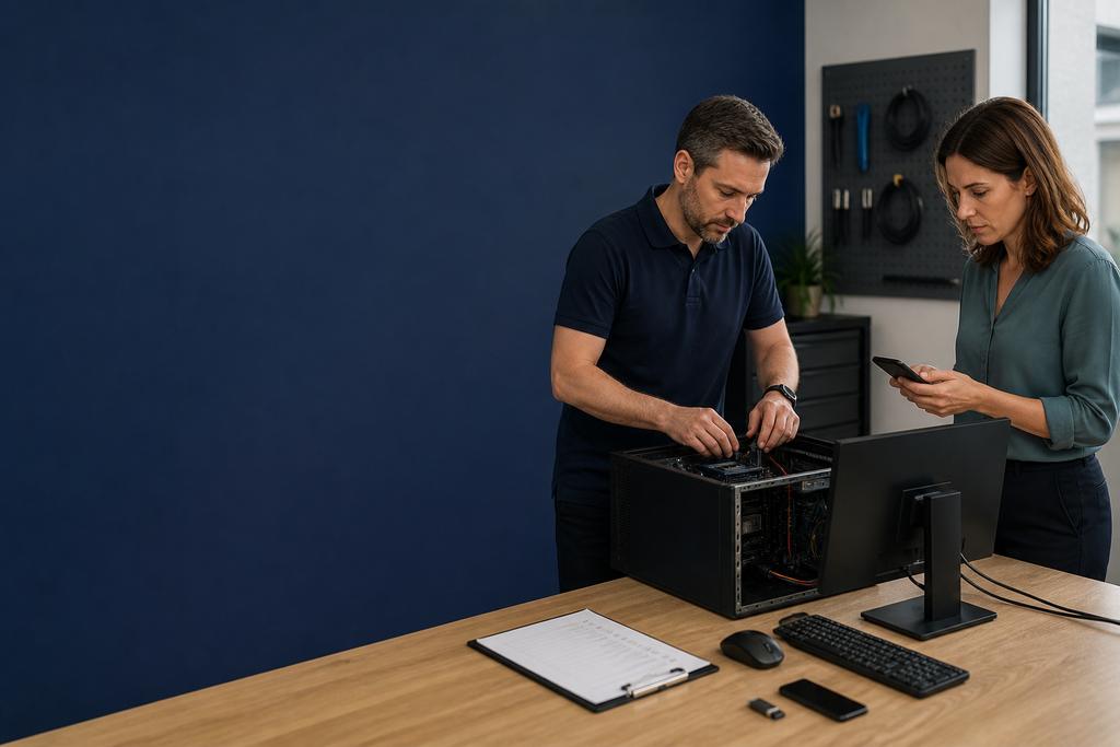 Illustratieve ICT-specialist en medewerker die herstelde computer, scanner en labelprinter samen testen