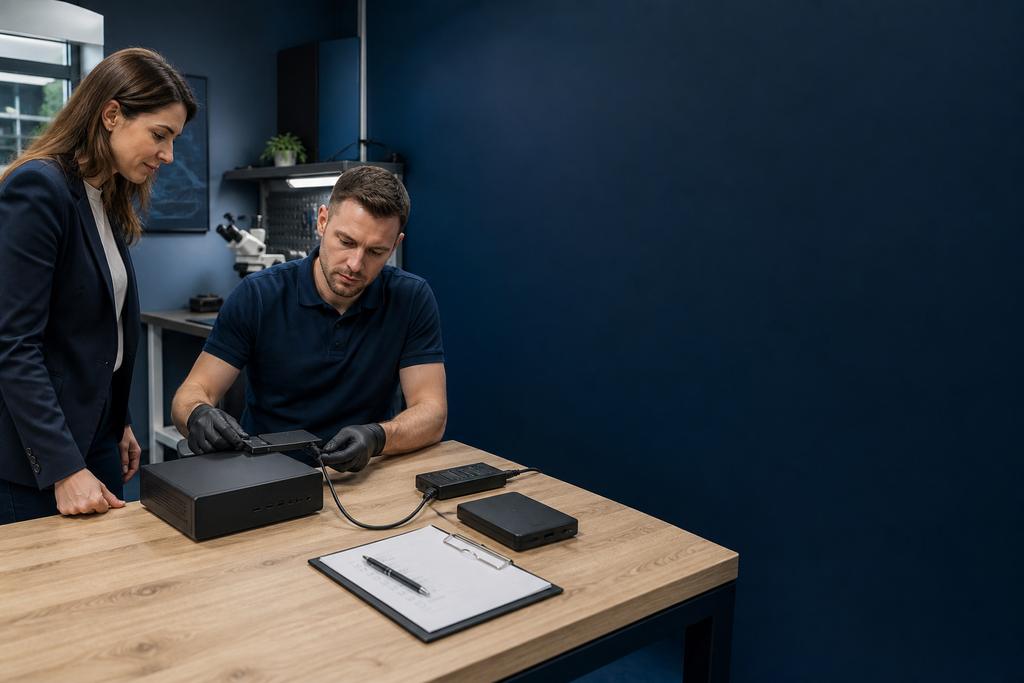 Illustratieve ICT-specialist en werkplekeigenaar die lokale opslag, synchronisatie en ontbrekende backupdekking van mobiele werkgegevens controleren