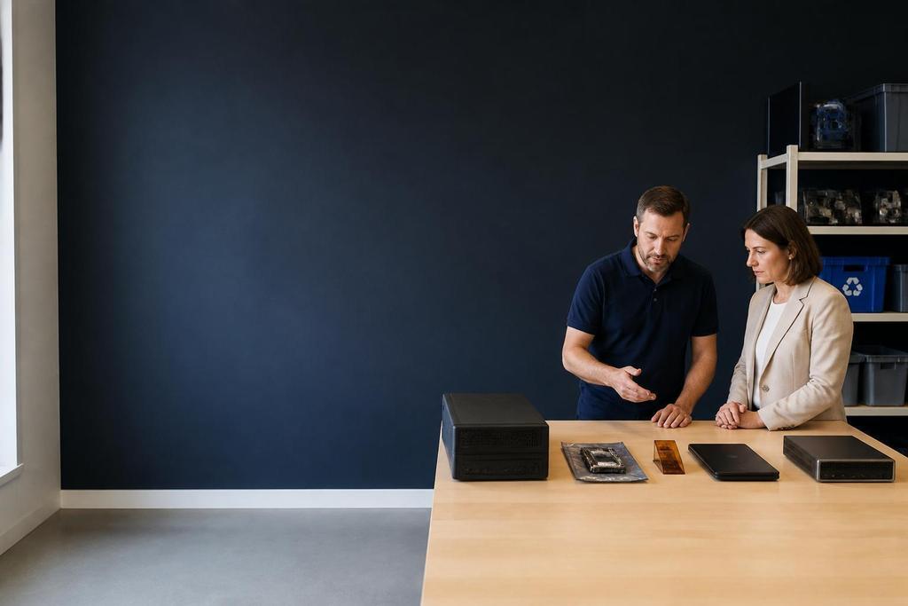 Illustratieve computertechnicus en ondernemer die reparatieonderdeel, defecte computer en vervangende werkplek vergelijken