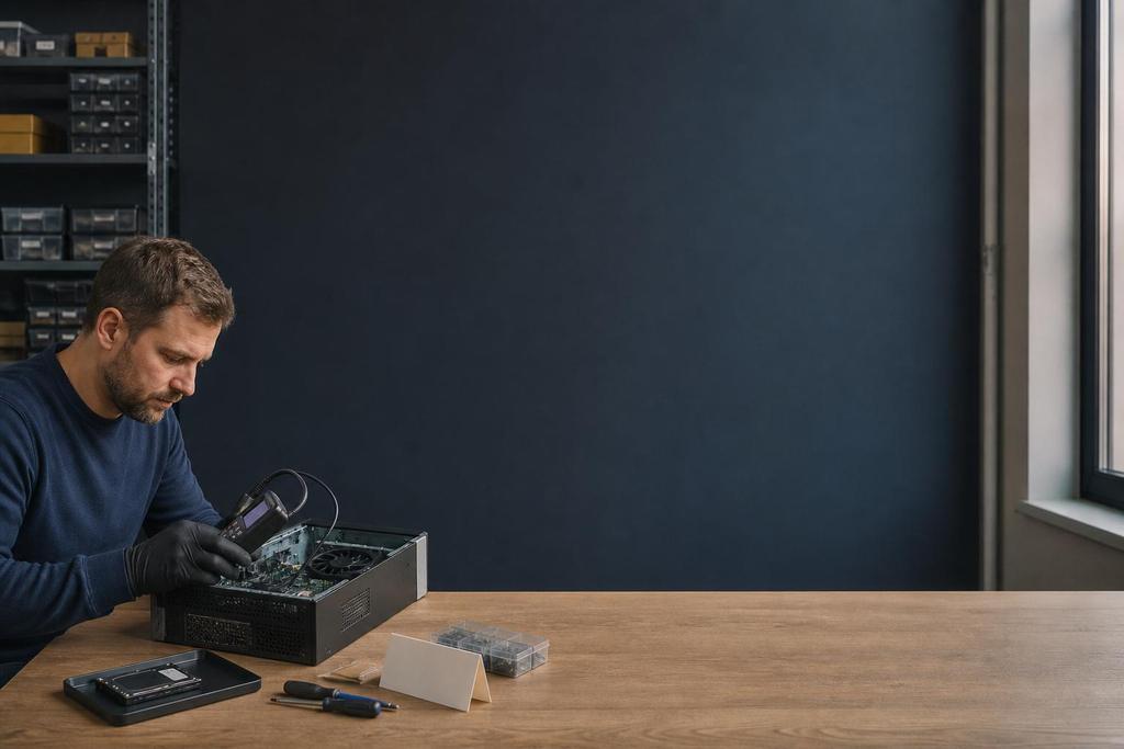 Illustratieve ICT-specialist en locatiebeheerder die computer, centrale basis en lokale printerinstelling vergelijken