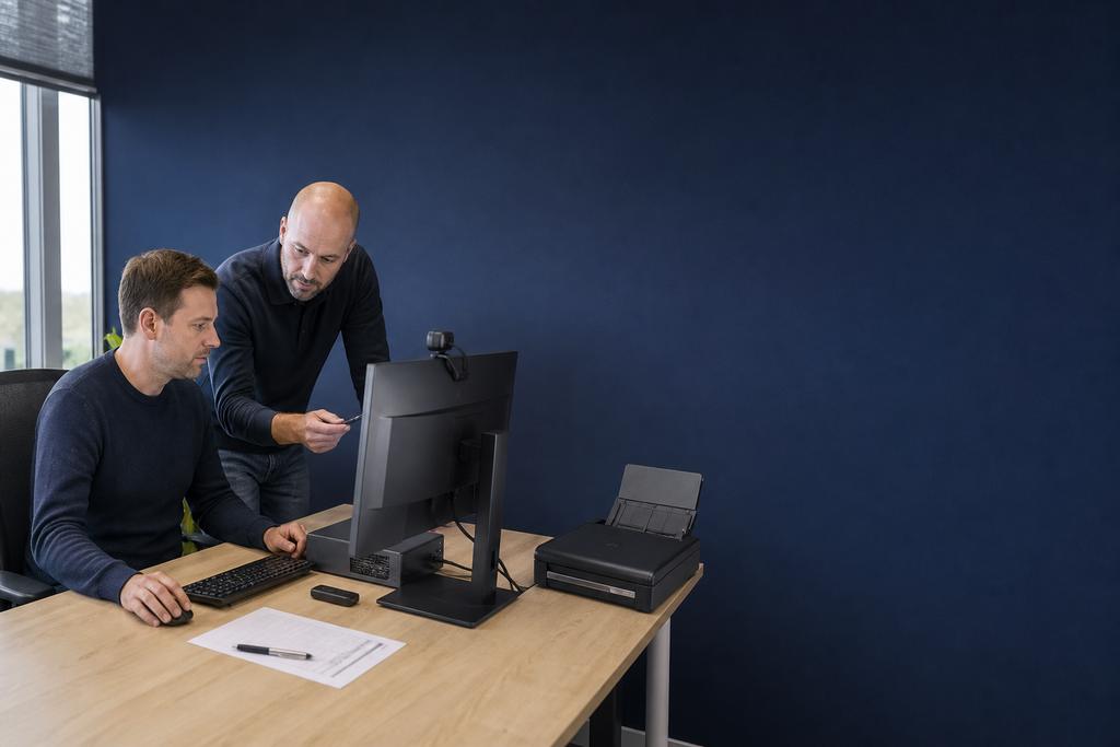 Illustratieve ICT-technicus en medewerker die zakelijke desktopcomputer, netwerkaansluiting en printer op het kantoor testen