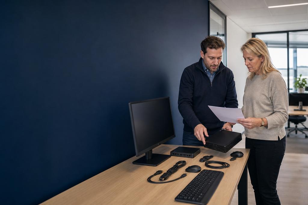 Illustratieve ICT-installatiespecialist en medewerker die zakelijke desktopcomputer, scherm, toetsenbord en aansluitingen controleren