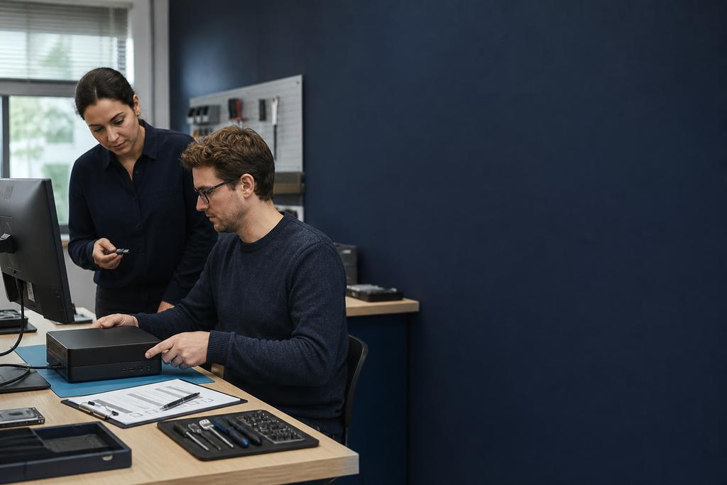 Illustratieve endpointengineer en ontwikkelaar die krachtige desktopcomputer, ontwikkelsoftware en schone testbuild beoordelen