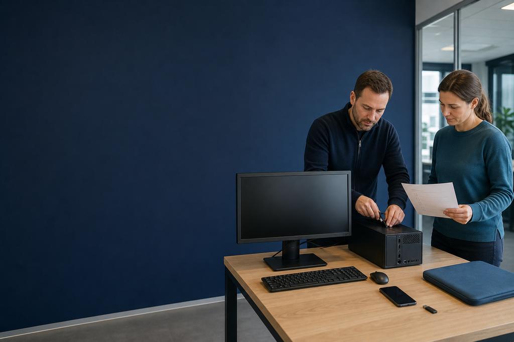 Illustratieve ICT-responder en locatieverantwoordelijke die uitgevallen computer, centrale basis en lokale instellingen vergelijken