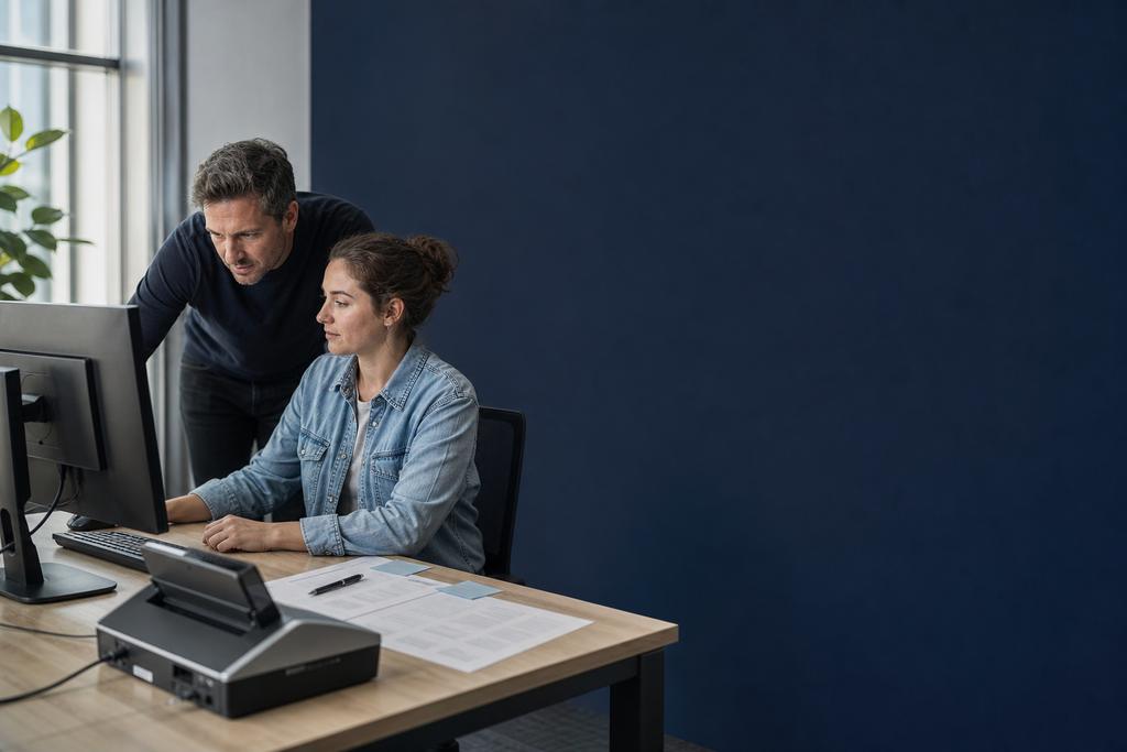 Illustratieve ICT-responder en medewerker die uitgevallen desktopverbinding, WiFi en referentiecomputer met dezelfde online taak vergelijken