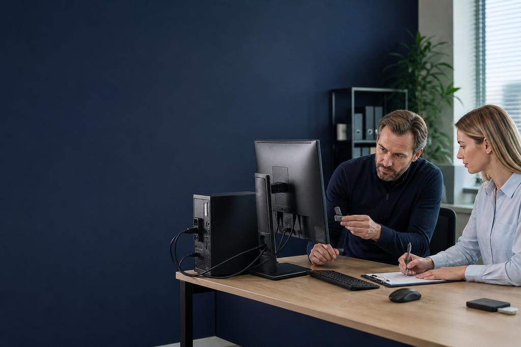 Illustratieve ICT-incidentspecialist en medewerker die foutmoment en bedrijfsimpact van een uitgevallen desktopcomputer vastleggen