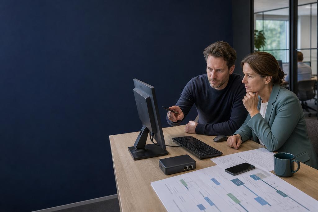 Illustratieve ICT-specialist en magazijnmedewerker die trage desktopcomputer, scanner en labelprinter tijdens een taak meten