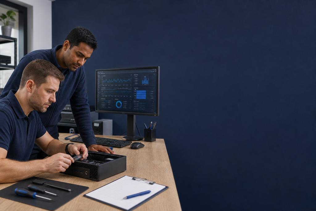 Illustratieve hardware- en ICT-specialist die processor, geheugen, opslag en temperatuur van een trage desktopcomputer meten