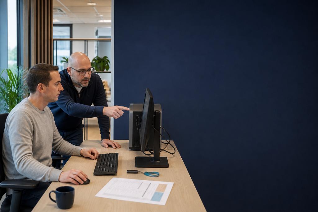 Illustratieve ICT-specialist en medewerker die trage bestandsopslag, OneDrive-synchronisatie en tweede computer controleren