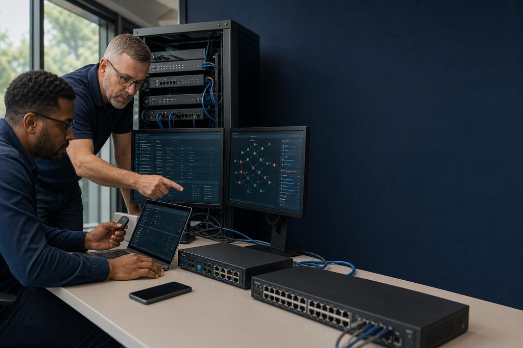 Illustratieve cybersecurity-auditors die laptop, telefoon, de centrale identiteitsdienst, apparaatbeheer, endpointmelding en herstelcontrole beoordelen
