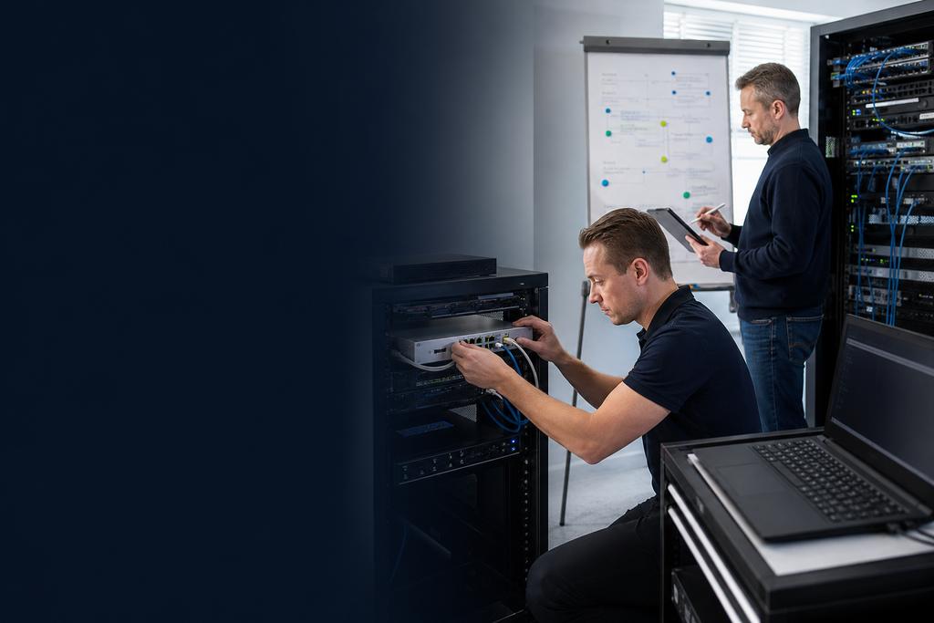 Illustratieve securityspecialisten die een invoerplanning voor accounts, werkplekken, servers, netwerk, monitoring en herstel voorbereiden