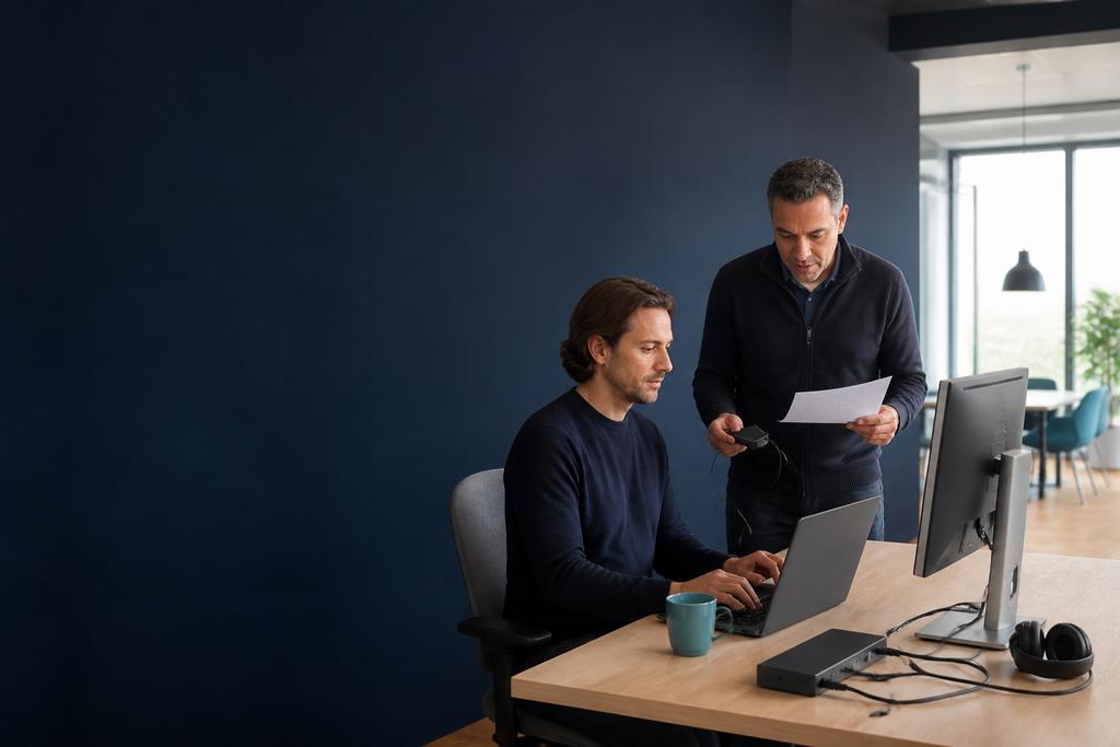 Illustratieve medewerker en ICT-specialist die werken aan tests van login, bestanden, samenwerking en randapparatuur op een digitale werkplek
