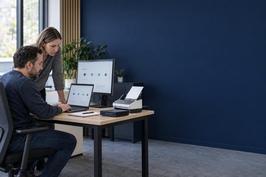 Illustratieve mailsecurityspecialisten die een scanner, bedrijfsapplicatie en beperkte zakelijke mailconnector testen
