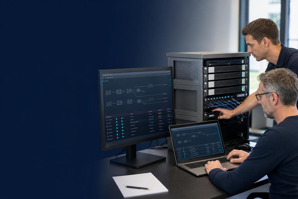 Illustratieve mailsecurityspecialisten die afzendercontrole, gatewayrouting en zakelijke e-mailfiltering testen